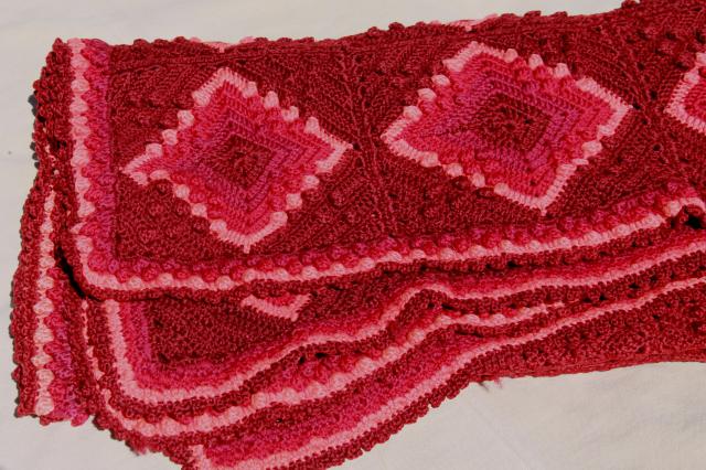 photo of vintage wool blanket granny square crochet afghan, burgundy wine cranberry pink colors #8