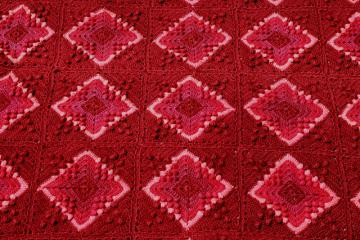 catalog photo of vintage wool blanket granny square crochet afghan, burgundy wine cranberry pink colors