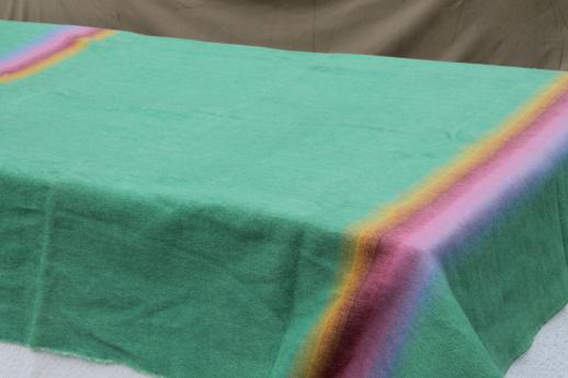 photo of vintage wool blanket w/ original label Monticello Wisconsin, candy colored stripes on jade green #3