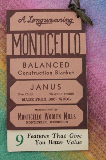 photo of vintage wool blanket w/ original label Monticello Wisconsin, candy colored stripes on jade green #5