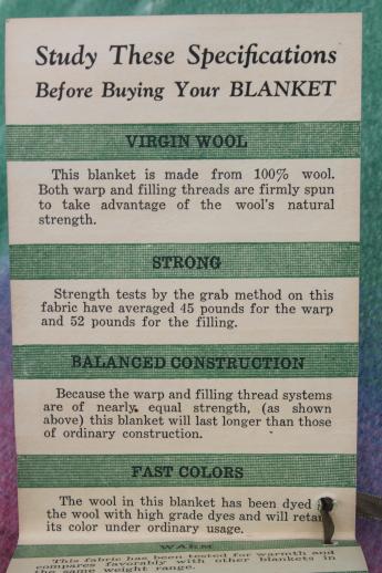 photo of vintage wool blanket w/ original label Monticello Wisconsin, candy colored stripes on jade green #6