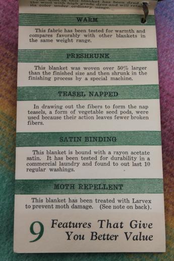 photo of vintage wool blanket w/ original label Monticello Wisconsin, candy colored stripes on jade green #7