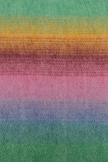 photo of vintage wool blanket w/ original label Monticello Wisconsin, candy colored stripes on jade green #8