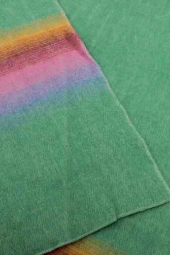 photo of vintage wool blanket w/ original label Monticello Wisconsin, candy colored stripes on jade green #10