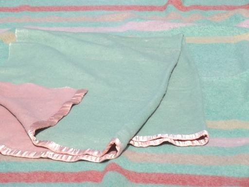 photo of vintage wool blankets, candy striped blanket & reversible jadite green / pink #1