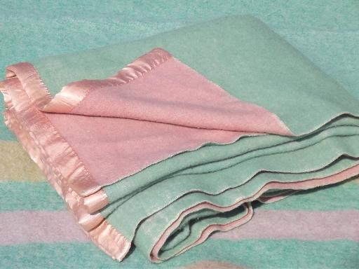 photo of vintage wool blankets, candy striped blanket & reversible jadite green / pink #2