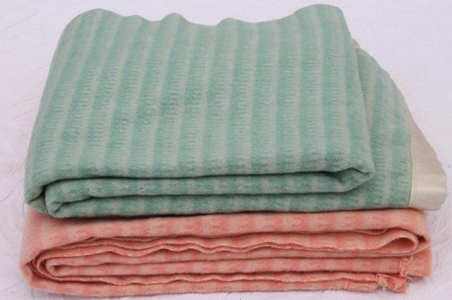 photo of vintage wool blankets, mint green & peach pink candy stripe bed blanket lot #1
