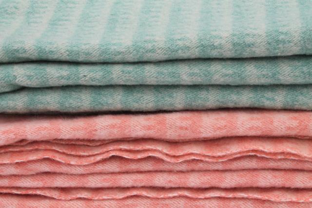 photo of vintage wool blankets, mint green & peach pink candy stripe bed blanket lot #3