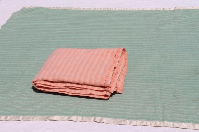 photo of vintage wool blankets, mint green & peach pink candy stripe bed blanket lot #4