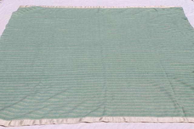 photo of vintage wool blankets, mint green & peach pink candy stripe bed blanket lot #5