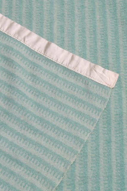 photo of vintage wool blankets, mint green & peach pink candy stripe bed blanket lot #7