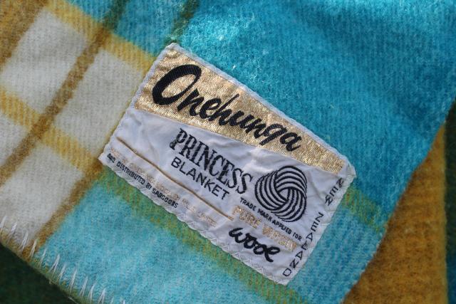 photo of vintage wool camp blanket aqua blue & mustard yellow plaid, Onehunga New Zealand label #2