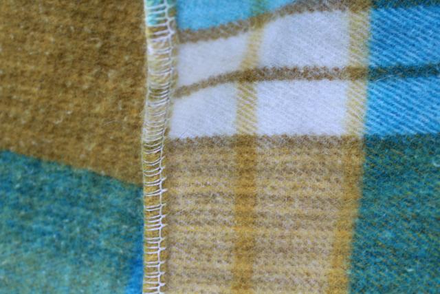 photo of vintage wool camp blanket aqua blue & mustard yellow plaid, Onehunga New Zealand label #3