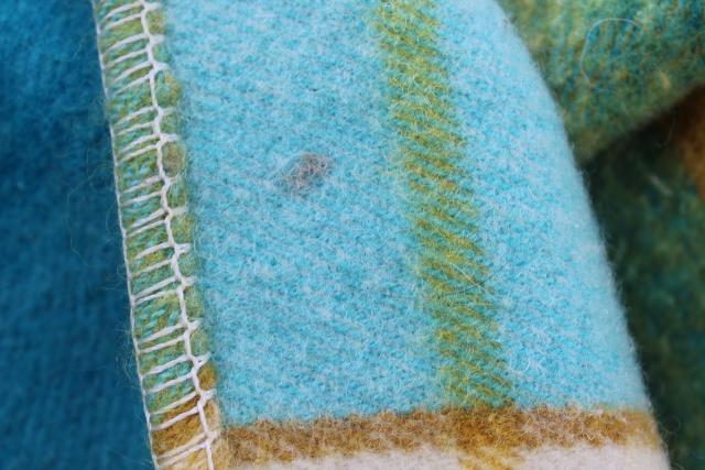 photo of vintage wool camp blanket aqua blue & mustard yellow plaid, Onehunga New Zealand label #6
