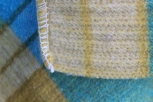 photo of vintage wool camp blanket aqua blue & mustard yellow plaid, Onehunga New Zealand label #7