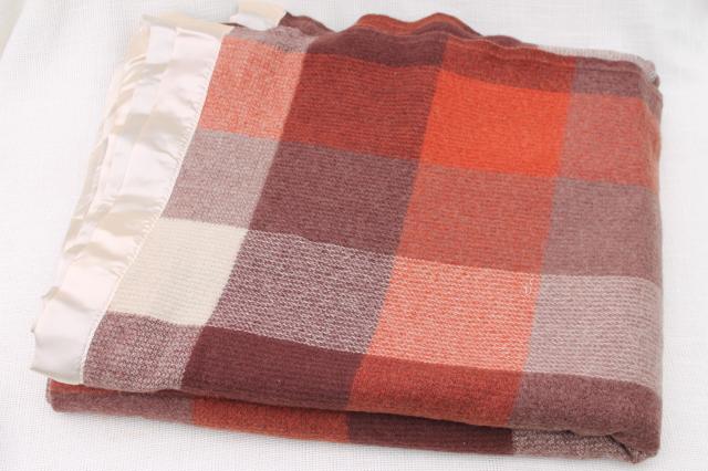 photo of vintage wool camp blanket, buffalo checked plaid russet orange, tan, brown #1