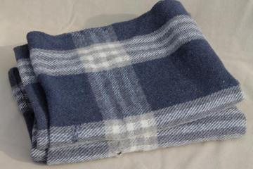 catalog photo of vintage wool camp blanket, rustic primitive blue & grey plaid wool blanket fabric