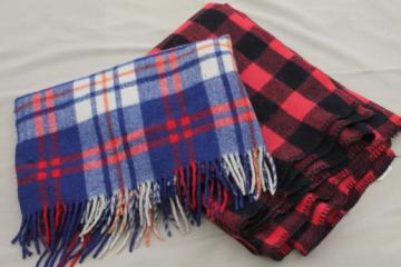 catalog photo of vintage wool camp blankets - red, white & blue plaid throw & red buffalo check blanket