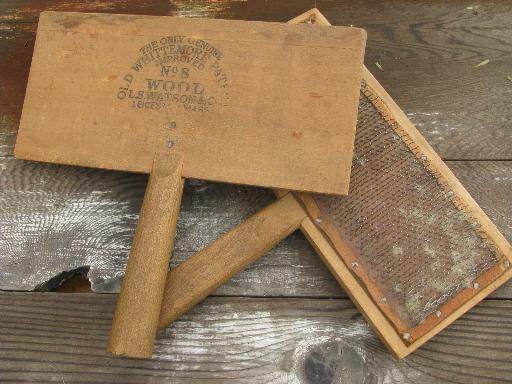 photo of vintage wool carding combs, old Whitemore Patent wood handled carders #1