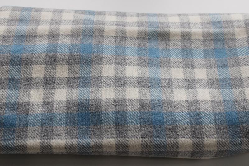 photo of vintage wool fabric for sewing or crafts, plaid in pale grey, light blue, cream #1