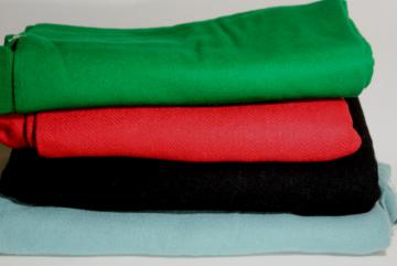 catalog photo of vintage wool fabric for sewing, rug making - red, green, black, aqua solid colors