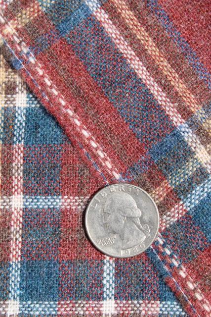 photo of vintage wool fabric, heavy tartan plaid blanket / work shirt fabric muted red & blue #5