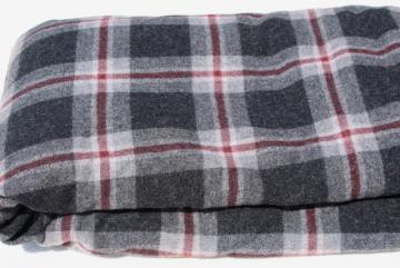 catalog photo of vintage wool fabric, heavy tartan plaid blanket / work shirt fabric muted red & grey