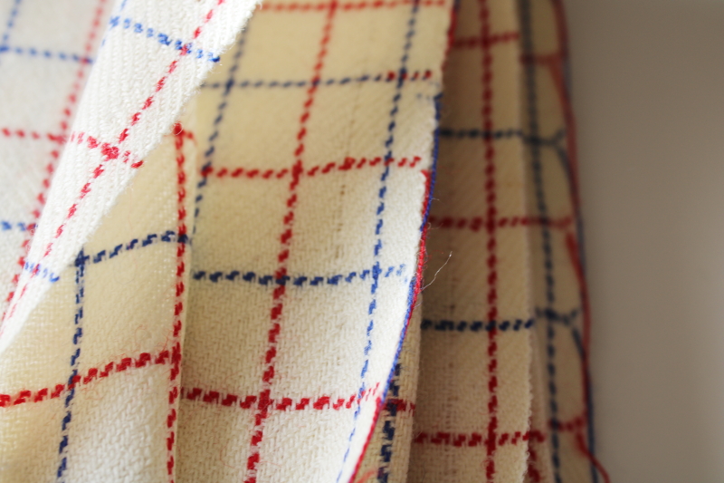 photo of vintage wool fabric, woven tattersall checked red & blue on ivory  #2
