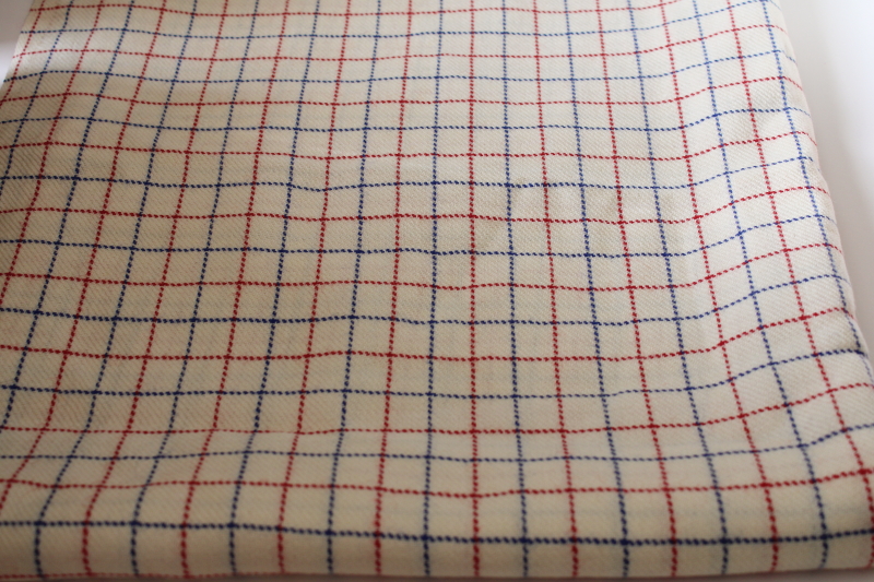 photo of vintage wool fabric, woven tattersall checked red & blue on ivory  #3