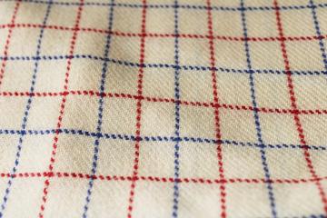 vintage wool fabric, woven tattersall checked red & blue on ivory 