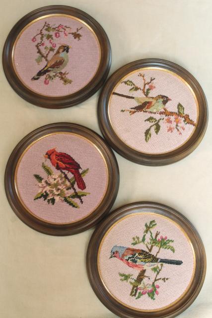 photo of vintage wool needlepoint pictures, framed embroidery birds on blush pink in round wood frames #1