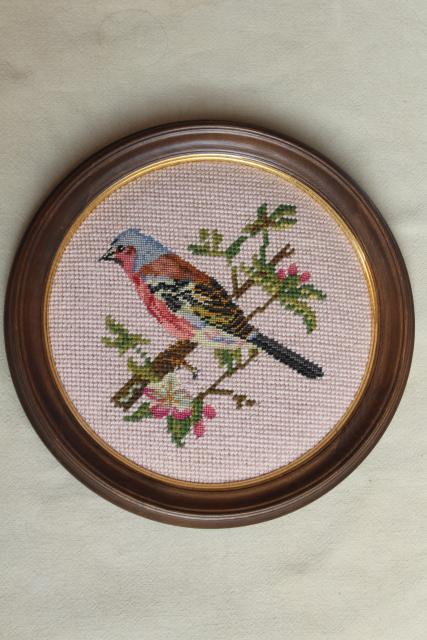 photo of vintage wool needlepoint pictures, framed embroidery birds on blush pink in round wood frames #3