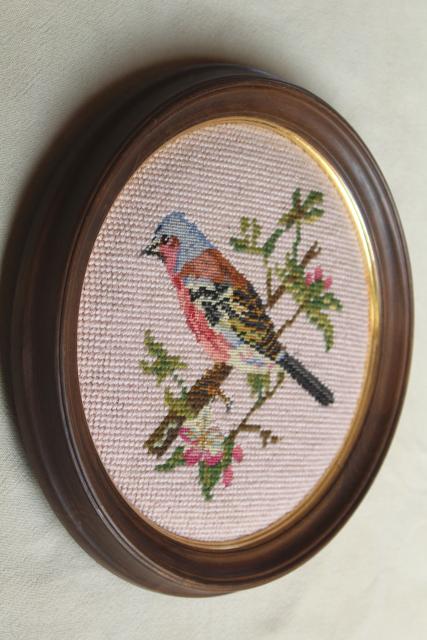 photo of vintage wool needlepoint pictures, framed embroidery birds on blush pink in round wood frames #4