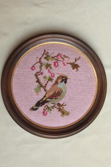 photo of vintage wool needlepoint pictures, framed embroidery birds on blush pink in round wood frames #6