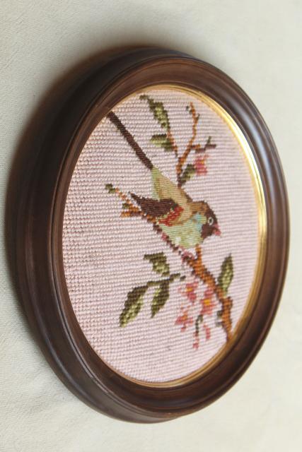 photo of vintage wool needlepoint pictures, framed embroidery birds on blush pink in round wood frames #11