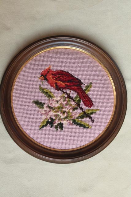 photo of vintage wool needlepoint pictures, framed embroidery birds on blush pink in round wood frames #13