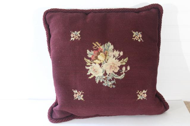 photo of vintage wool needlepoint tapestry cushion, burgundy wine floral throw pillow feather filled #1