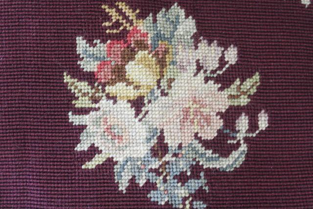 photo of vintage wool needlepoint tapestry cushion, burgundy wine floral throw pillow feather filled #2