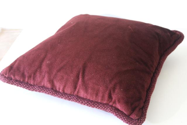 photo of vintage wool needlepoint tapestry cushion, burgundy wine floral throw pillow feather filled #3