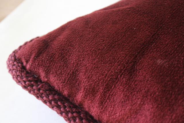 photo of vintage wool needlepoint tapestry cushion, burgundy wine floral throw pillow feather filled #4