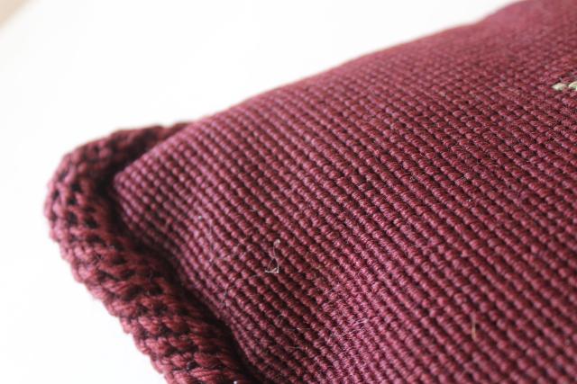 photo of vintage wool needlepoint tapestry cushion, burgundy wine floral throw pillow feather filled #5