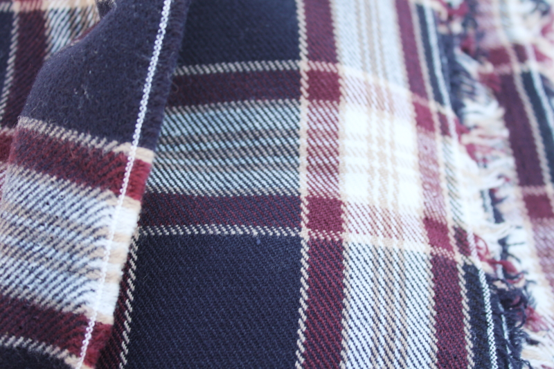 photo of vintage wool or wool blend heavy work shirt fabric, navy blue plaid winter weight shirting #2