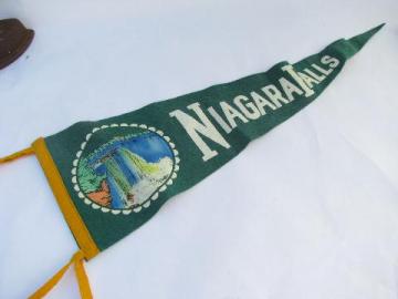 catalog photo of vintage wool pennant flag, Niagara Falls vacation souvenir, summer cabin camp