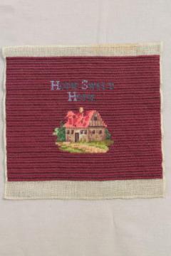 catalog photo of vintage wool petit point needlepoint Home Sweet Home motto picture w/ cottage