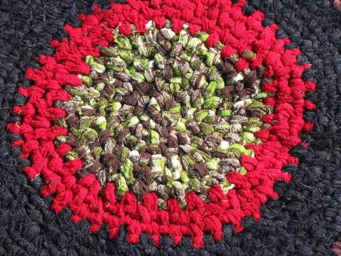 photo of vintage wool rag rug, old crochet round throw rug, rich dark colors #2