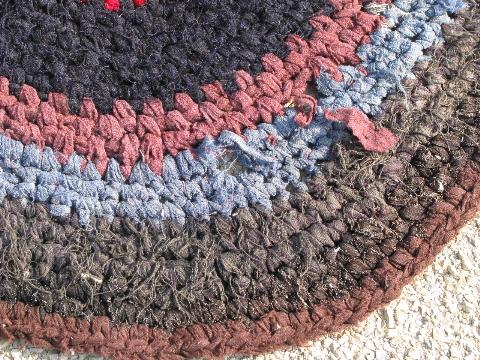 photo of vintage wool rag rug, old crochet round throw rug, rich dark colors #3