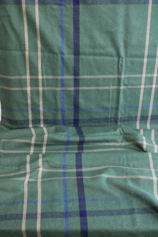 photo of vintage wool / rayon blend fabric, preppy plaid green w/ blue, navy, cream #1