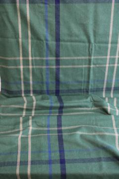 catalog photo of vintage wool / rayon blend fabric, preppy plaid green w/ blue, navy, cream