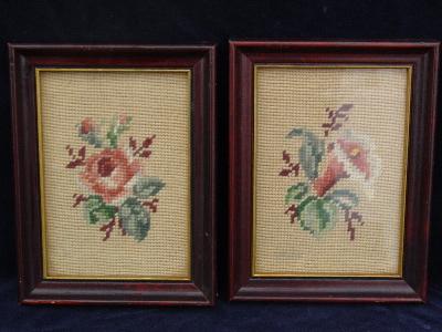 photo of vintage wool roses needlpeoints in old wood frames #1