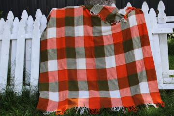 catalog photo of vintage wool throw blanket, fringed woven checked squares in brown & pumpkin orange